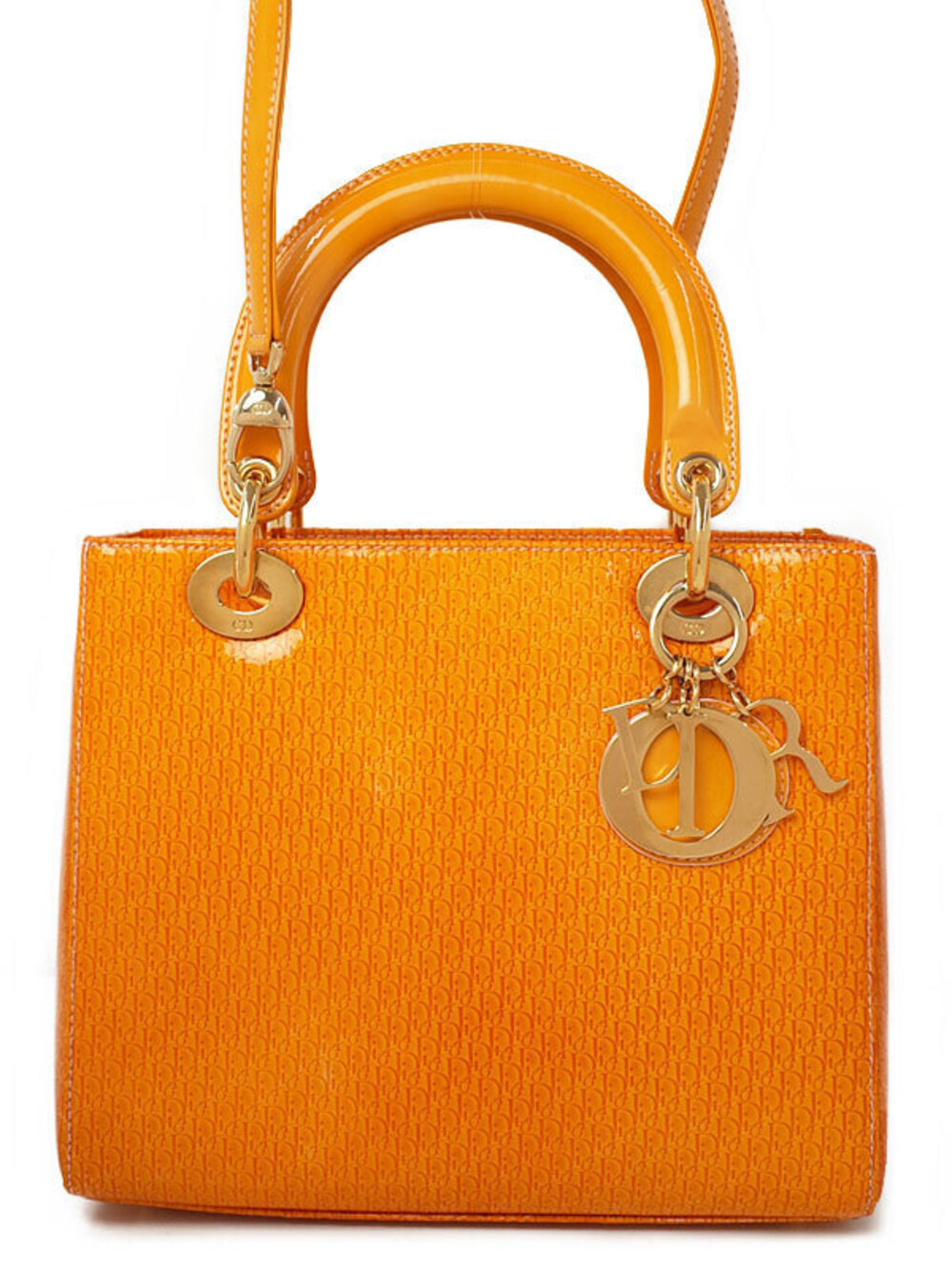 Christian Dior Diorissimo Lady Dior top handle bag vibrant orange patent leather